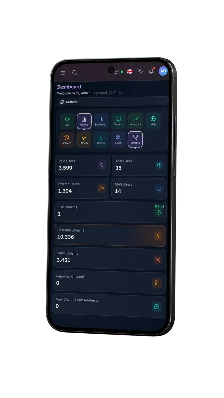 XtreamGo control dashboard on a phone