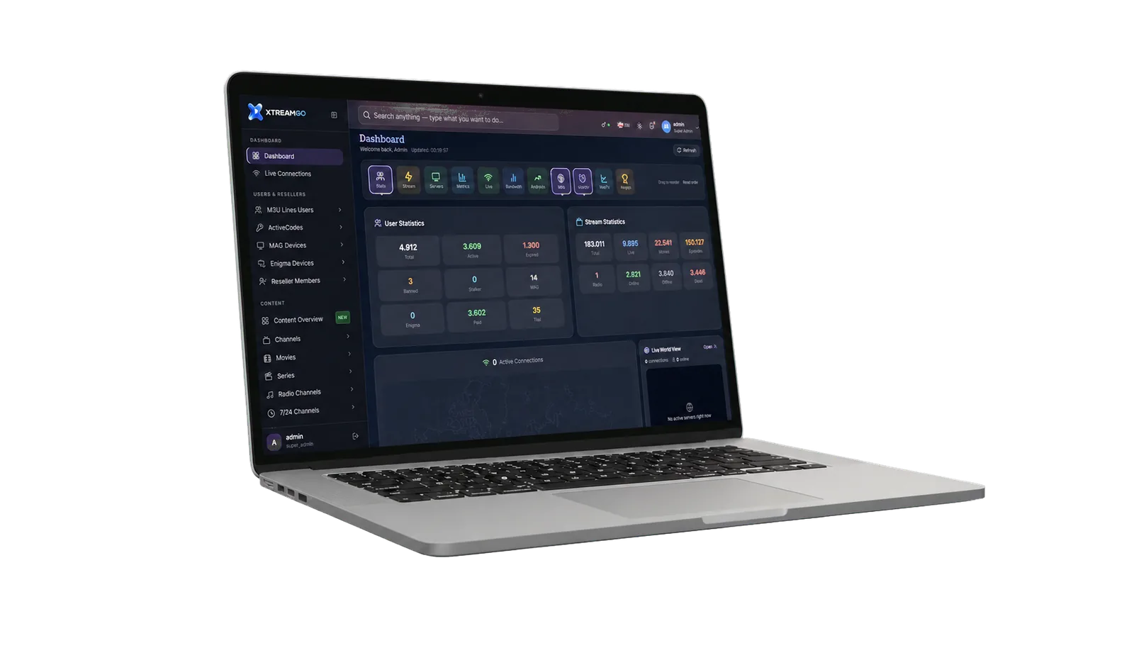 XtreamGo control dashboard on a laptop — dark theme